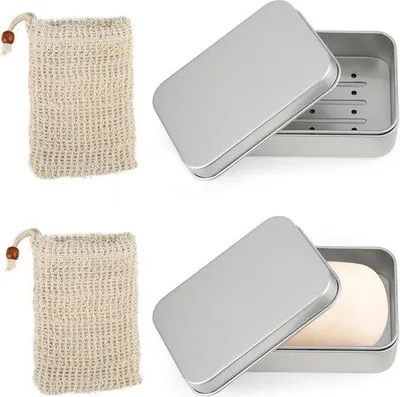 Produktbild von 2 Alu-Seifenschalen mit Hanfnetz für feste Seifen und Shampoos