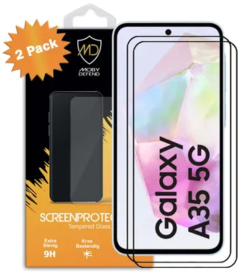 Productafbeelding van 2-Pack MobyDefend Screenprotectors - Geschikt voor  Samsung Galaxy A35  -  Screensavers Met Zwarte Randen - Gehard Glas