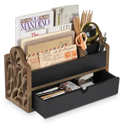 Image de Omgoods - Organisateur de bureau en bois avec tiroir - Organisateur de bureau en bois naturel