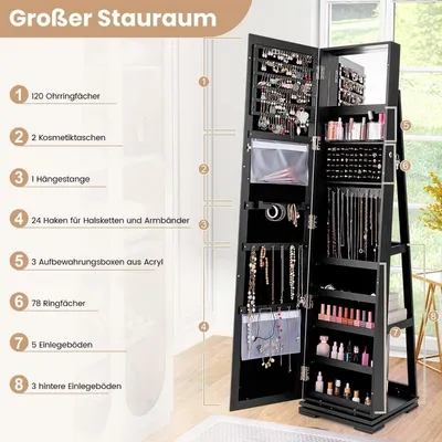 Produktbild von Schmuckschrank mit Ganzkörperspiegel, schwarz, abschließbar