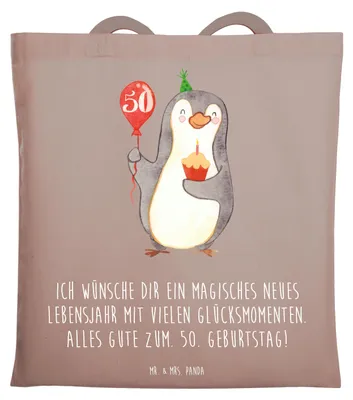 Produktbild von Mr. & Mrs. Panda Schultasche 50. Geburtstag Pinguin Luftballon - Braun Pastell - Geschenk, Geburtstage, Geburtstagsgeschenk, Laptoptasche, Jutebeutel, Tasche, Tote Bag