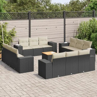 Produktbild von Design 13-tlg. Garten-Sofagarnitur mit Kissen Schwarz Poly Rattan, Gartenmöbel-Sets 2024 Neu