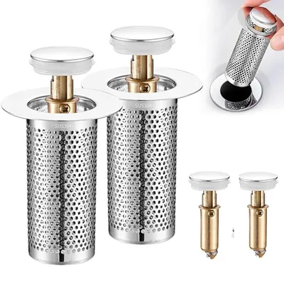 Produktbild von Waschbecken Abflussstopfen 2 Stück,Universal Pop-Up Stöpsel 33–55 mm mit integriertem Haarsieb, Ablauf- & Geruchsschutz