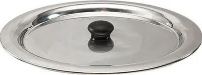 A stainless steel pot lid with a black handle is shown from a top-down perspective against a white background.