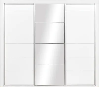 Produktbild von Furniture24 Schwebetürenschrank Irma IM15 Schlafzimmer Schrank 3 Türiger Kleideraschrank Schiebetür mit 5 Einlegeboden 3 Kleiderstangen Led Beleuchtug und Spiegel Weiß/Weiß Hochglanz, 235 cm breit