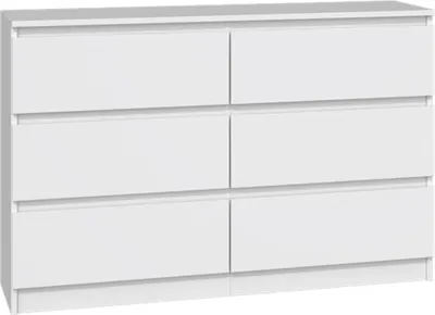 A white dresser with six drawers against a white background.