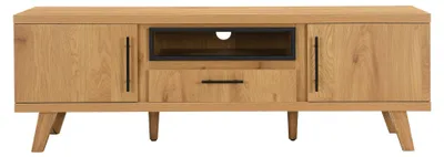 TV Lowboard Eiche Dekor 150 cm in Gesamtansicht mit offener Schublade und angewinkelten Holzbeinen.
