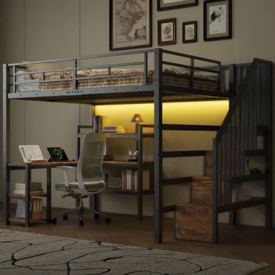 Image de Lit mezzanine en métal 140 x 200 cm avec bureau, espace de rangement sous l'escalier, éclairage LED USB et étagère - Lit mezzanine double pour adolescent, noir