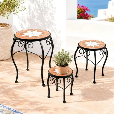 Produktbild von DanDiBo Blumenhocker Mosaik Rund 3er Set 20, 27, 37 cm Blumenständer 12014 Beistelltisch Pflanzenständer Mosaiktisch Klein