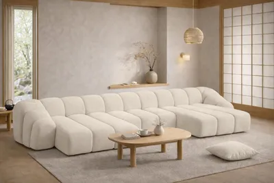 Image de Canapé d'angle modulaire en U tissu velours Bluvel, couleur cr?me, CROISSANT U