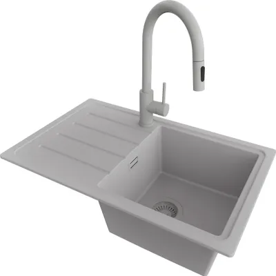 Produktbild von PRIMAGRAN Granitspüle Grau 70x44cm, Spülbecken 1 Becken + Küchenarmatur 40x20cm + Ablauf-Set, Küchenspüle ab 45er Unterschrank - Kopenhagen Easy