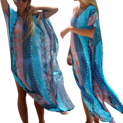 Produktbild von Sommerkleid - Maxikleid - Lange Strandtunika - Lockerer Boho-Überwurf - Luftiges Pareo - Blau - Einheitsgröße