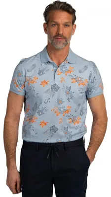 Produktbild von Hellblaues Poloshirt New Zealand oranger Blumendruck