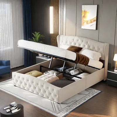 Image de Lit double Lit rembourré 160x200cm Boxspring Lit en bois massif avec sommier à lattes et espace de rangement, Lit fonctionnel Lit de rangement Velours, Gris
