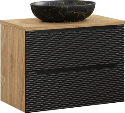 Image de Ensemble de salle de bain YOKA noir : meuble sous vasque à tiroirs 80 cm, plan pour vasque, vasque effet marbre noir et or