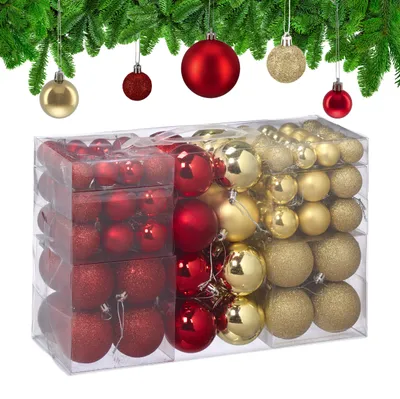 Produktbild von Relaxdays Weihnachtskugeln 100er Set, Weihnachtsdeko, matt, glänzend, glitzernd, Christbaumkugel ∅ 3, 4 & 6 cm, gold/rot