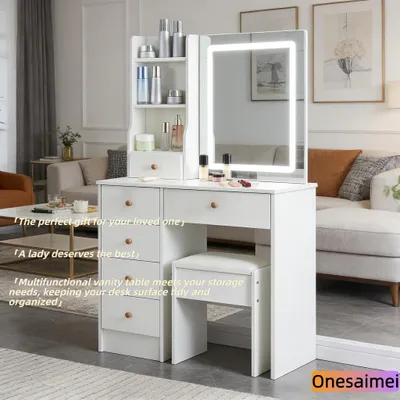 Productafbeelding van Kaptafel Met Led-Spiegel - Wit - Hout - Modern - Slaapkamermeubilair