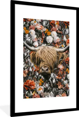Produktbild von MuchoWow® Gerahmtes Poster Schottische Highlander - Blumen - Rosen 60x90 cm - Poster mit Schwarzem Bilderrahmen Wandposter Rahmen Foto Bilder - Dekoration - Wandposter Wohnzimmer - Hochwertig