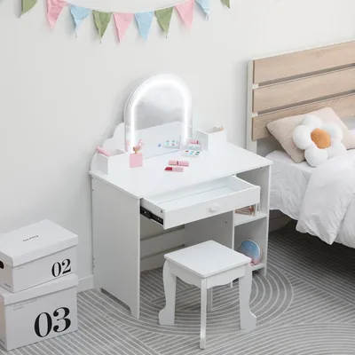 Obrázek produktu pro Dětský toaletní stolek GarveeLife pro dívky, včetně židle a LED osvětlení, se zásuvkami