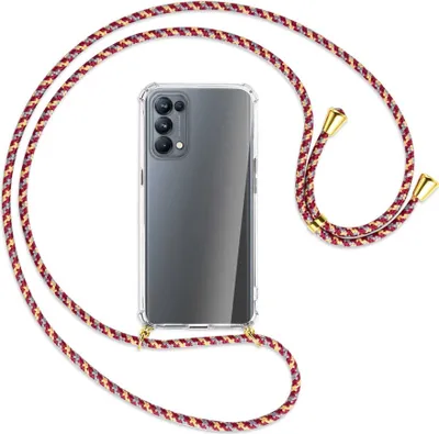 Produktbild von Handykette Backcover-Schutzhülle mit Band (Metall goldfarben) für Oppo Reno5 Pro 5G - weinrot/gelb/grau