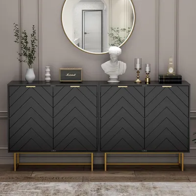 Productafbeelding van Zijkast, set van 2, 160x40x77,5 cm, zwart. Kommode met 4 deuren en verstelbare planken