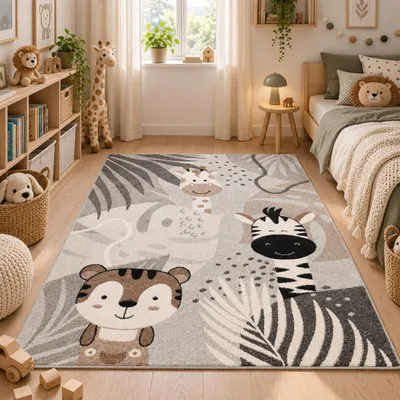 Zdjęcie produktu dla Dziecięcy dywan Kinder Teppich Softstar Kids Safari Friends, kolor: szary, wymiary: 140x200 cm, Obraz wygenerowany przez AI