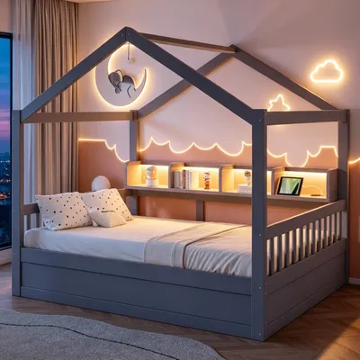 Image de Lit enfant en bois Merax 140x200 cm avec toit, lit-cabane avec espace de rangement hydraulique, barrière de sécurité, éclairage LED, prise électrique et étagères, couleur gris