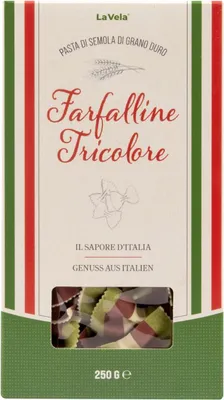 Produktbild von La Vela Farfalline Tricolore, Schmetterlings-Nudeln in den Farben der Italien-Flagge, Geschenkpackung, 250g