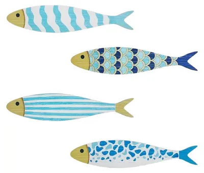Produktbild von 4-teiliges Wanddekor-Set aus Holz mit Fischmotiven, nautische Küsten-Wandkunst, blaue Fisch-Wandskulptur, Seehaus-Hängedekoration für Badezimmer und Schlafzimmer