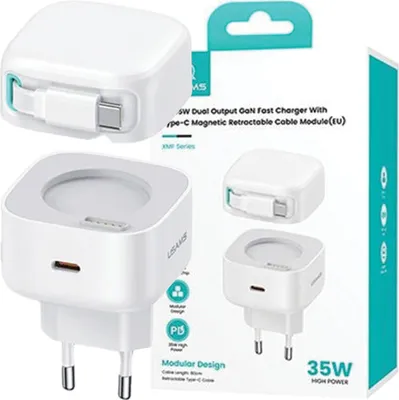 Zdjęcie produktu dla Usams Ład. Siec. 1Xusb-C Ze Zwijanym Kablem Usb-C Retractable Pd+Qc 35W Gan Fast Charging Biały/White Xmf Series Cc202Tc02 (Us-Cc202)