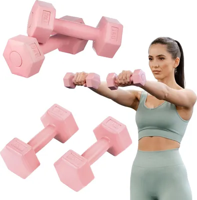 A woman is holding pink dumbbells while exercising, with other dumbbells in the background.