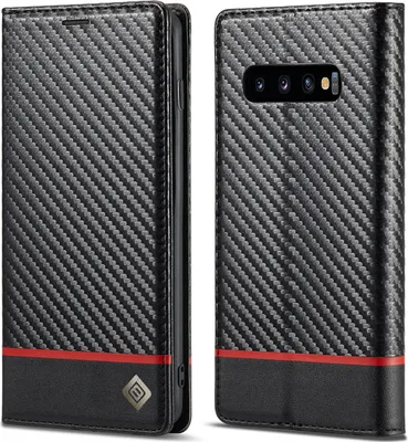 Image de Étui pour Samsung Galaxy S10 Étui en cuir carbone avec porte-cartes, aimant et support noir Horizontal rouge