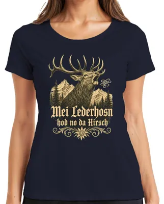 Obrázok produktu pre Mei Lederhosn – Dámske tričko s motívom "Hirsch Bayern  Lederhose Dirndl", tmavomodrej farby, veľkosť L