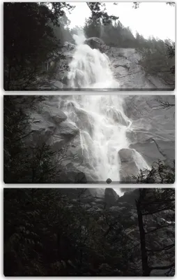 Produktbild von Leinwandbild 3-teilig (80x120cm): Wasserfall black-white Fotografie Natur-Bilder schwarz-weiß Wald, echter Holz-Keilrahmen inkl. Aufhänger, handgefertigt in Deutschland