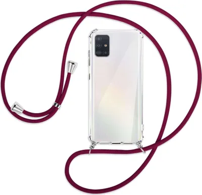 Produktbild von Handykette Backcover-Schutzhülle mit Band (Metall silberfarben) für Samsung Galaxy A51 (A515) - dunkelrot