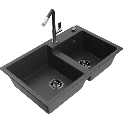 Obrázek produktu pro Mexen Tomas 2-miskový granitový dřez s kuchyňskou baterií Flora, Skvrnitá černá - 6516-76-670401-07-B