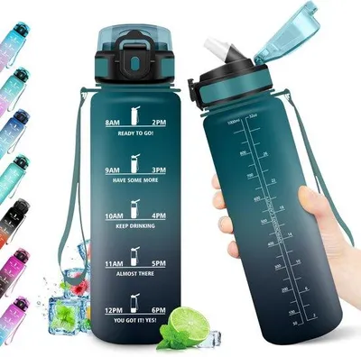 Imagen del producto de Uniqoos® Botella de agua de 1 litro con pajita y marca de tiempo – Libre de BPA, a prueba de fugas, boca ancha, con asa para llevar