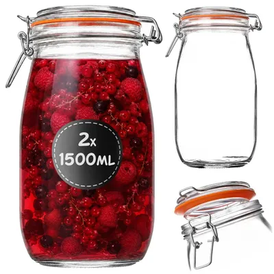 Obrázok produktu pre KADAX Sklenené nádoby s objemom 1,5 l, s uzáverom na skrutku, 2-dielna sada, sklenené nádoby s gumovým tesnením a skleneným viečkom, vhodné na zaváranie, na skladovanie potravín, fermentačné nádoby