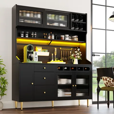 Produktbild von Hochschränke fürs Wohnzimmer,Küchenschrank,Esszimmerschrank,Wohnzimmer-Schrank,Schränke mit LED-Beleuchtung,mit Weinregal,145×39×171 cm,schwarz
