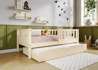 Produktbild von TIMBEE LENA Duo Doppelbett Kinderbett Holz Bett mit Schublade mit Schlaffunktion - Unlackiert - 90x200cm