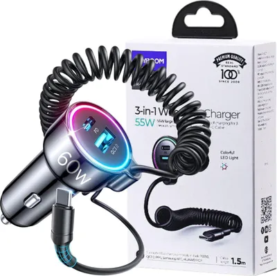 Immagine prodotto di Joyroom Caricabatterie da auto Jr-Cl07, 3W1, 1Xusb 1Xusb-C + Cavo Usb-C 55W (Nero)
