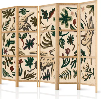 Produktbild von Paravent XXL 225x172 cm 5-teilig einseitig eleganter Sichtschutz Raumteiler Trennwand Raumtrenner Holz Design Motiv Deko Home Office Botanik Abstrakt Natur b-A-10439-bh-b