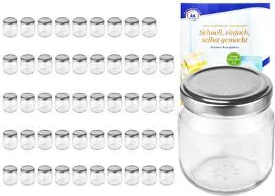 Zdjęcie produktu dla zestaw 50 okrągłych szklanych słoików na przetwory o pojemności 212 ml ze srebrną pokrywką, w tym książeczka z przepisami