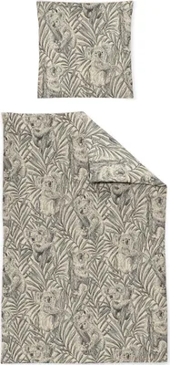 A flat lay of a duvet cover and pillowcase with a koala and bamboo pattern.