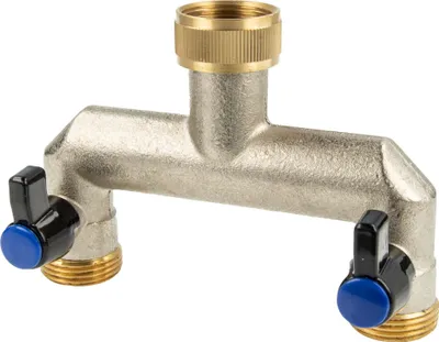 Produktbild von tecuro 2-Wege Verteilerstück 3/4 Zoll (DN15), einzeln absperrbar durch Kugelventile, Messing vernickelt