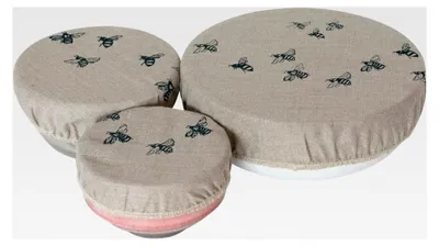 Produktbild von Wiederverwendbare Schüsselbezüge aus natürlichem Leinen, elastisch, handbedruckt, 3 Stück, maschinenwaschbar