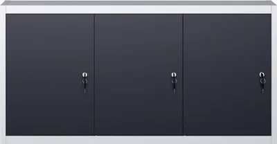 A front view of a three-door metal cabinet with locks on each door.
