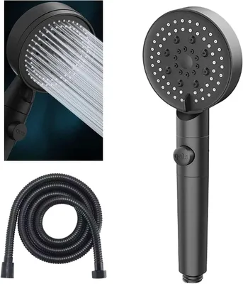 Produktbild von Duschkopf 5 Modi, wassersparend, verstellbarer Booster, Hochdruck, mit Schlauch, schwarz