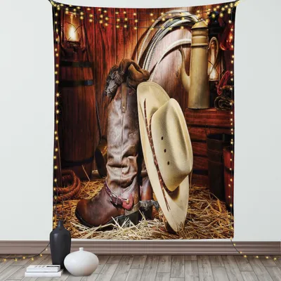 Immagine prodotto di ABAKUHAUS Arazzo occidentale,  Elementi autentici del rodeo americano occidentale con accessori antichi Foto artistica retrò, Soggiorno Camera da letto Tela da parete in raso setoso, 100 x 150 cm, Beige Marrone