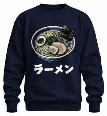 Immagine prodotto di Maglione con cappuccio, motivo ramen, noodles, uova, stile giapponese anni 2000, colore blu navy, taglia L